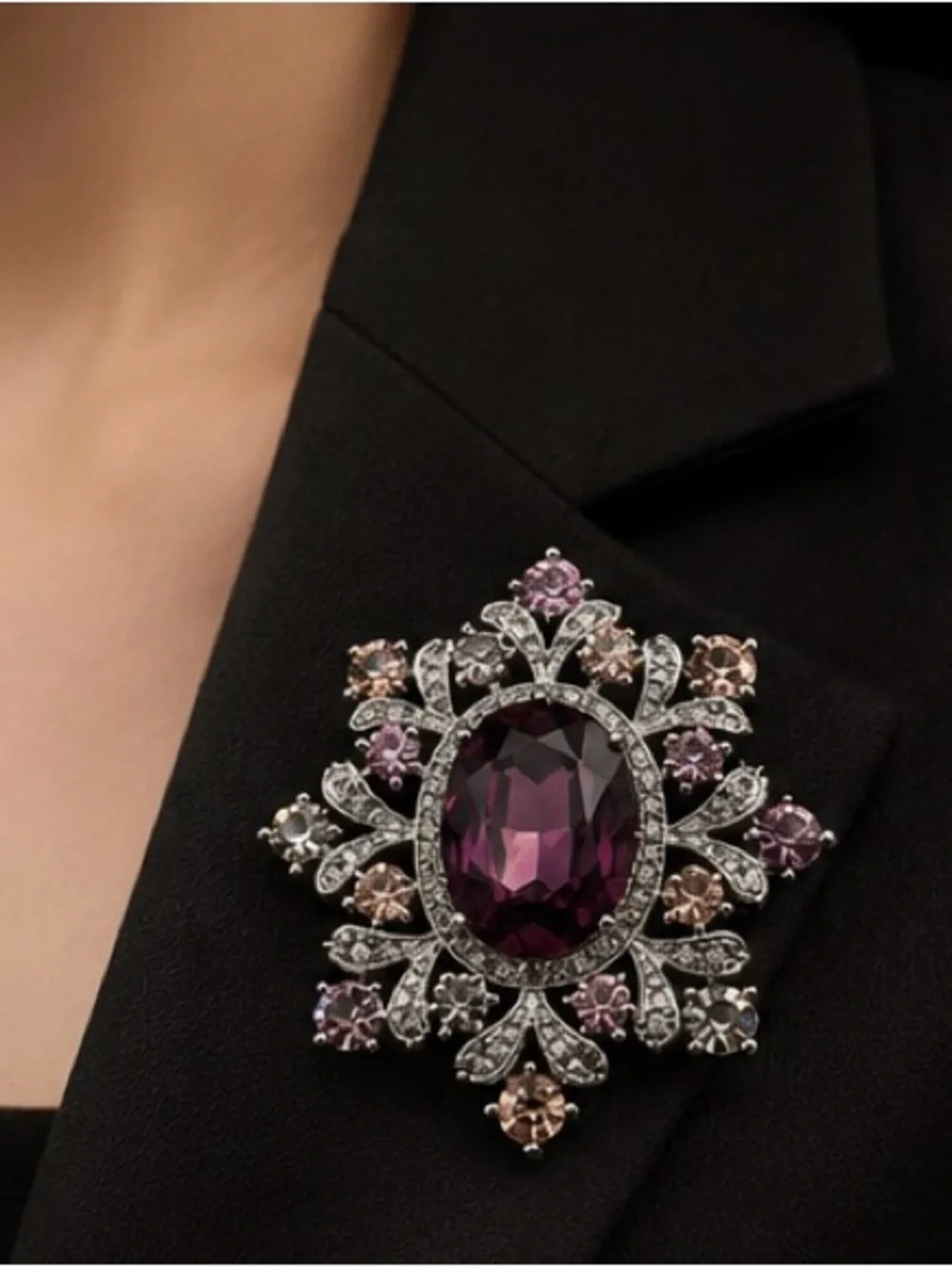 Vintage Purple Crystal Brooch | Rhinestone Floral Statement Pin | Elegant