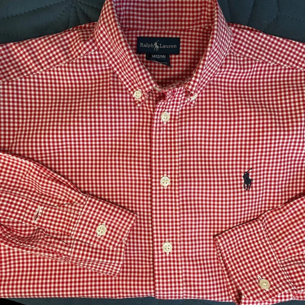 Ralph Lauren Kids Boys Red‎ Gingham Button Down Shirt Size M 12-14 Long Sleeve