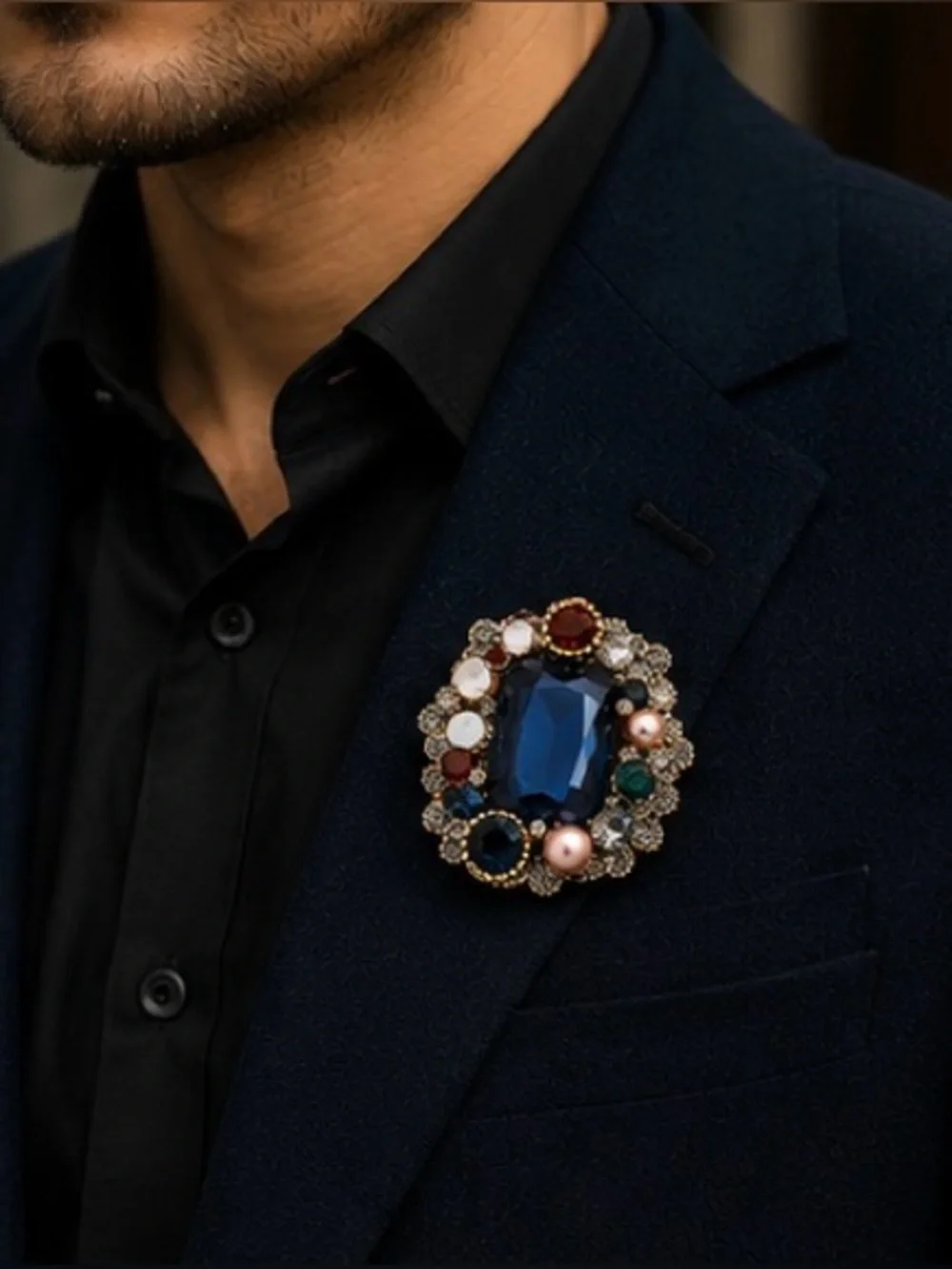 Vintage Navy Blue Crystal Brooch | Multicolor Rhinestone Statement Pin | Antique