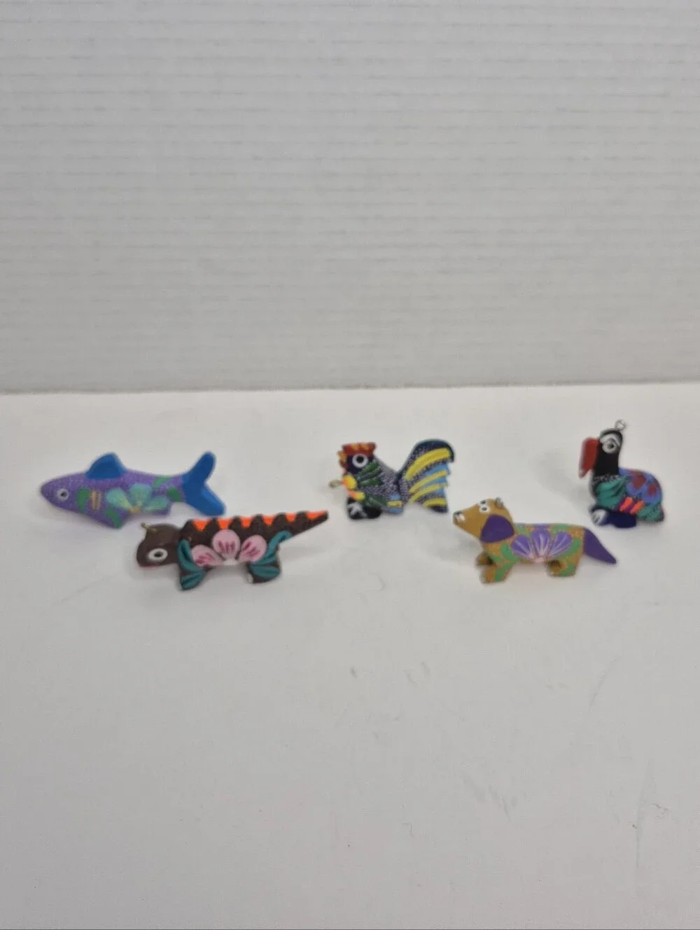 Colorful Handpainted Wood Animal Ornament Lot of Five READ