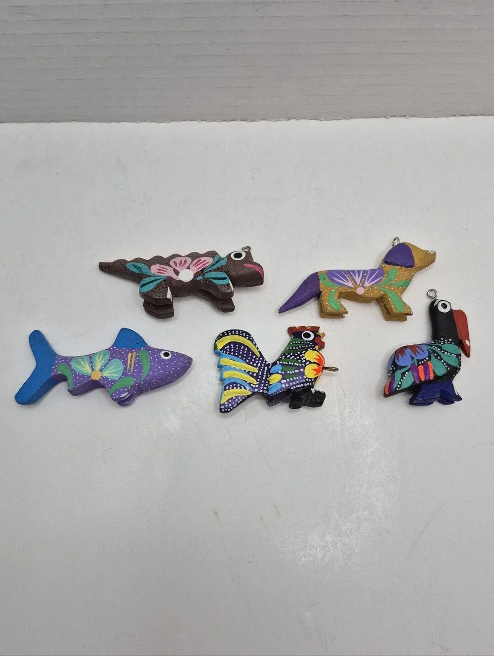 Colorful Handpainted Wood Animal Ornament Lot of Five READ