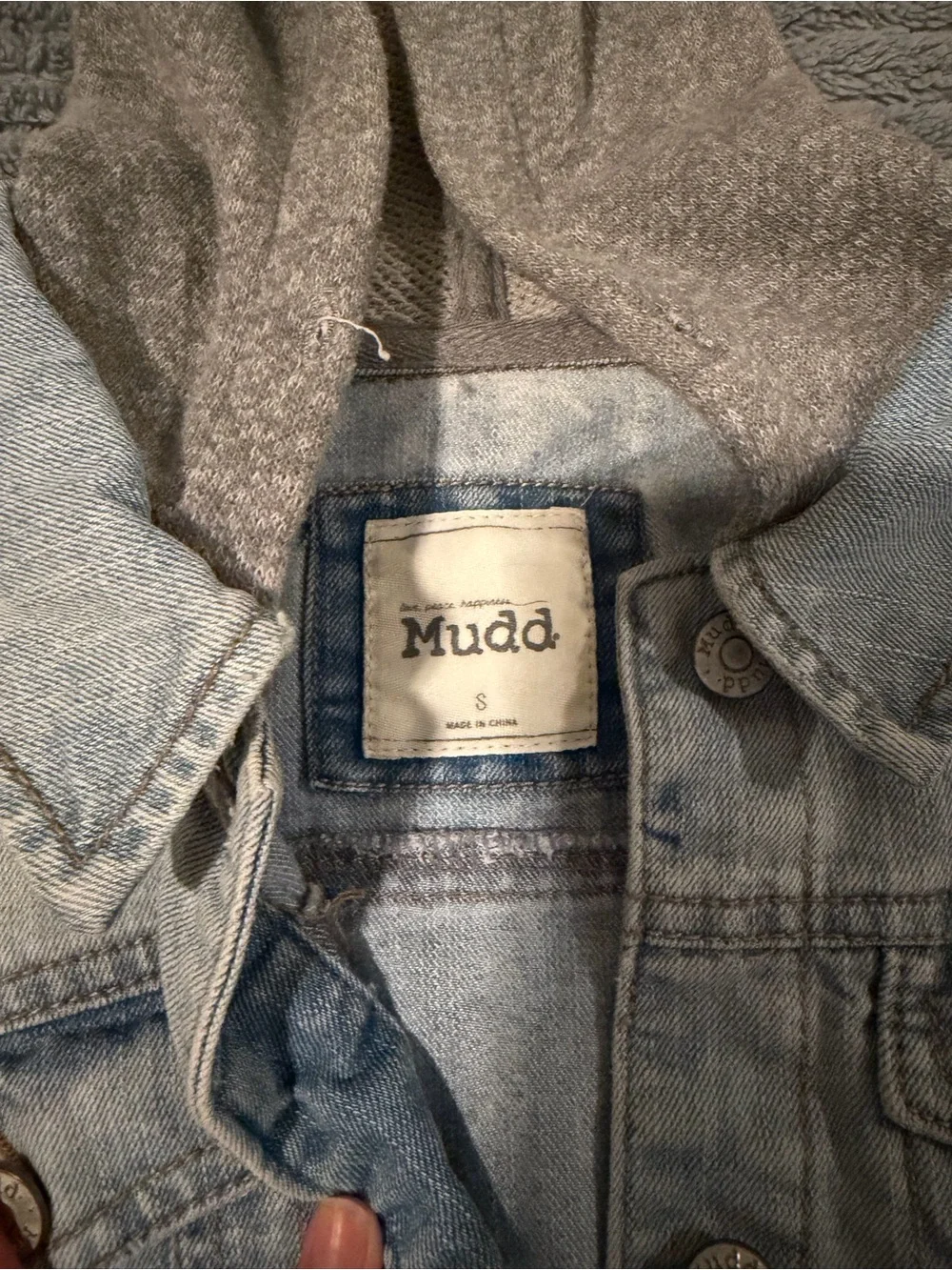 Mudd Light Blue Denim Jacket with Gray Hood & Sleeves