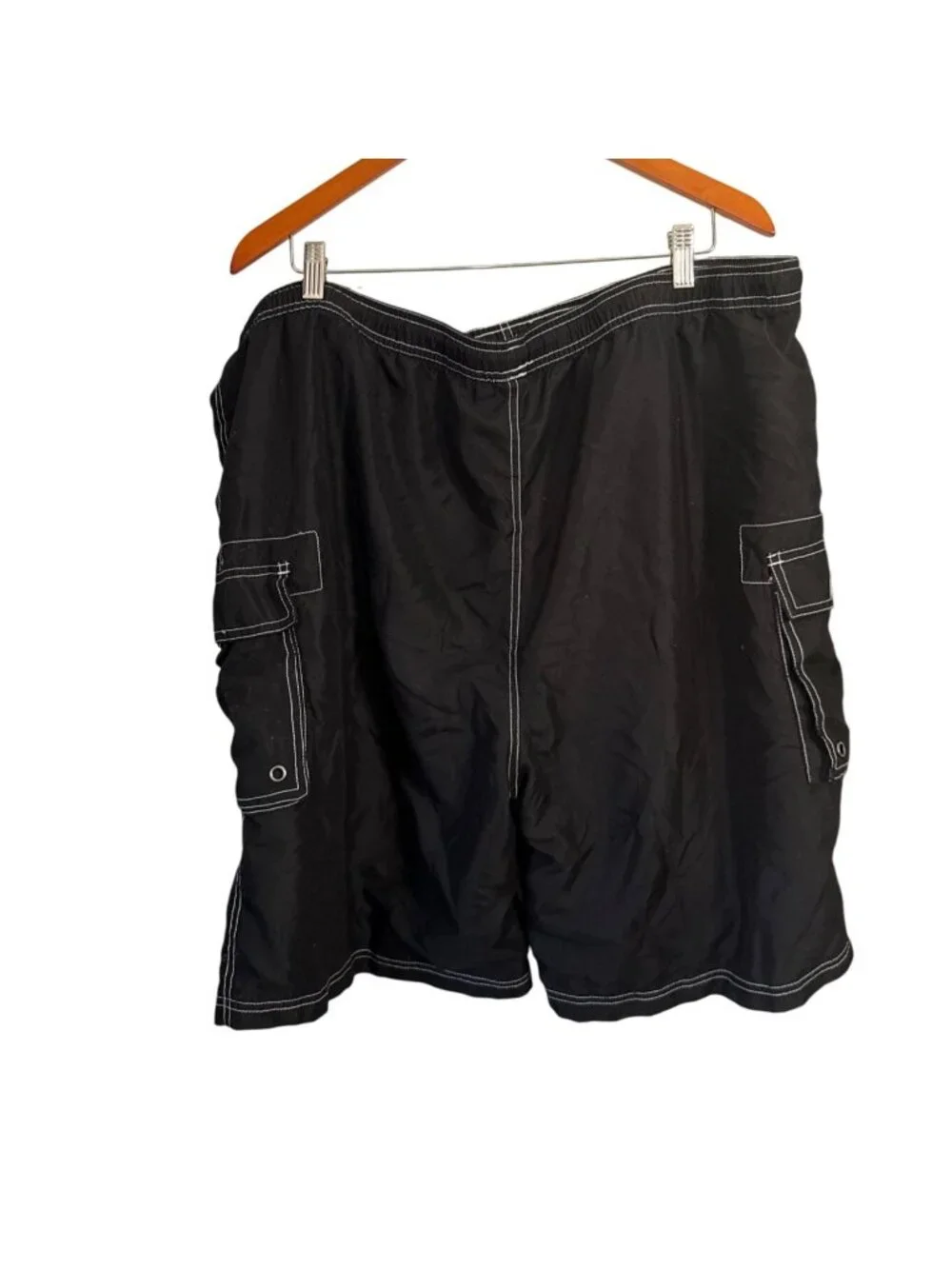 Mens Clothin Black Cargo Beach Shorts Size 40 With White Stitching & Drawstring