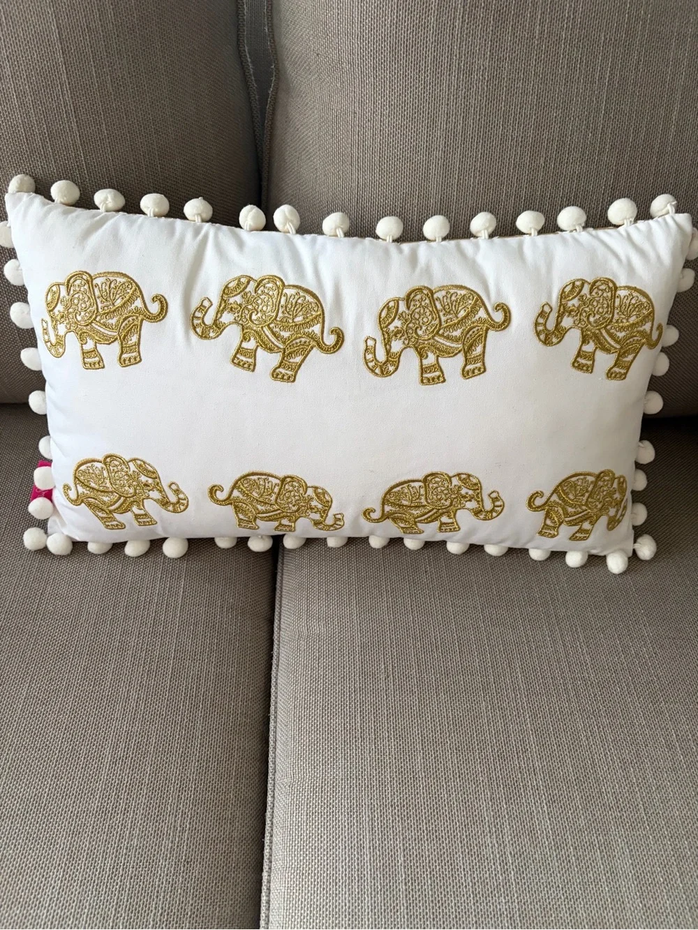 Lilly Pulitzer White Pillow Pom-Pom with elephants and gold design on reverse