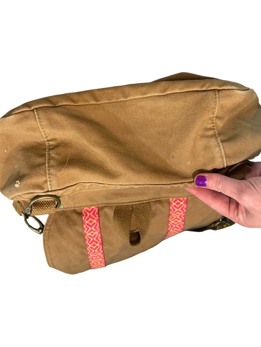 American Girl Brown Canvas Crossbody with Pink Patterned Straps and Yellow Trim