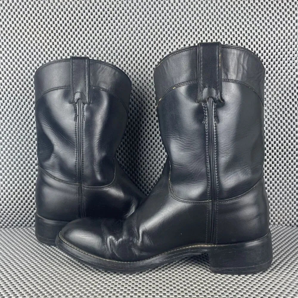 Justin Roper Cowboy Boots Mens 5.5 D Womens 7 Black Leather Pull On Western 3702