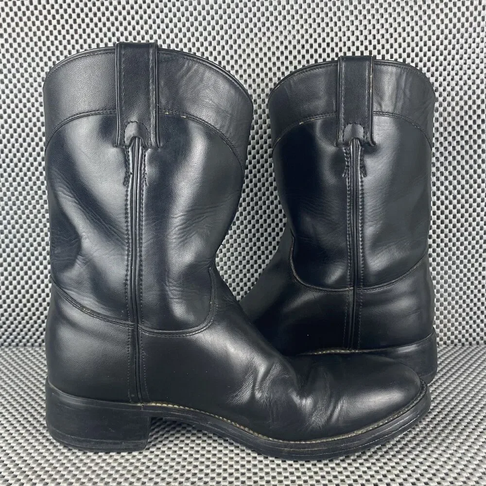 Justin Roper Cowboy Boots Mens 5.5 D Womens 7 Black Leather Pull On Western 3702