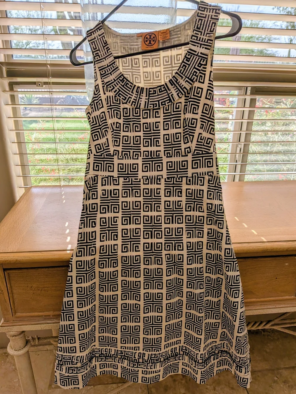 Tory Burch Navy and Cream Geometric Sleeveless Cotton Dress