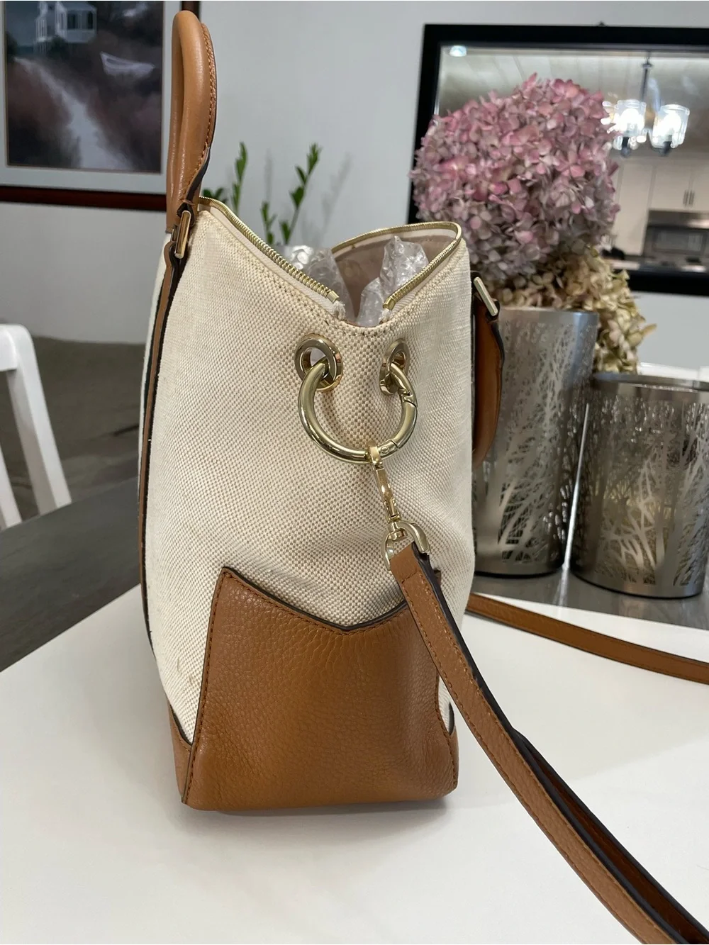 Michael Kors Canvas Leather Satchel Crossbody Bag Stripe Large Beige Brown Tot