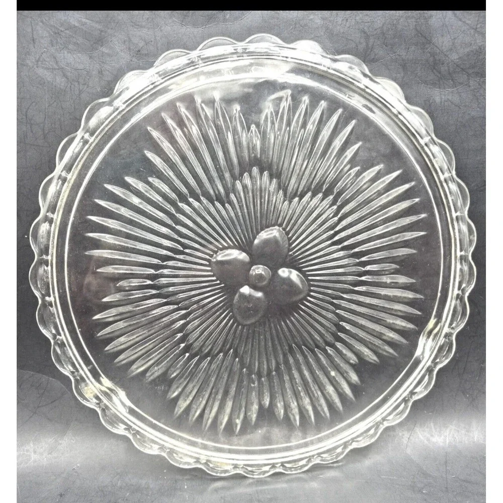 Vintage 70s Indiana Glass Footed‎ Cake Plate Floral Sunburst 11