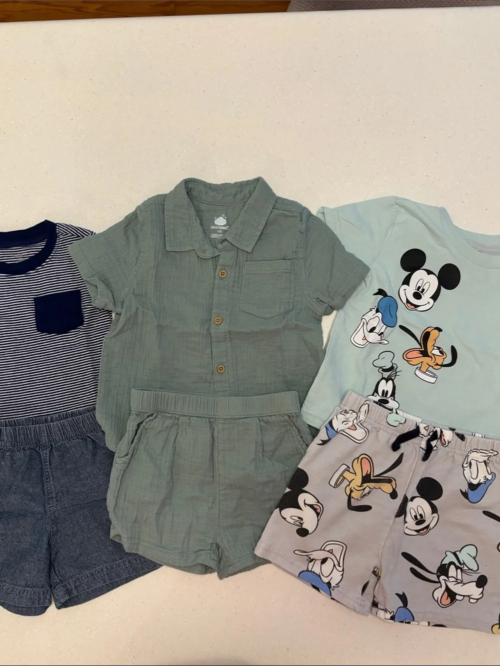3 sets-Green Button-Up Shirt & Shorts Set, Mickey Set and Blue Stripe/Jean
