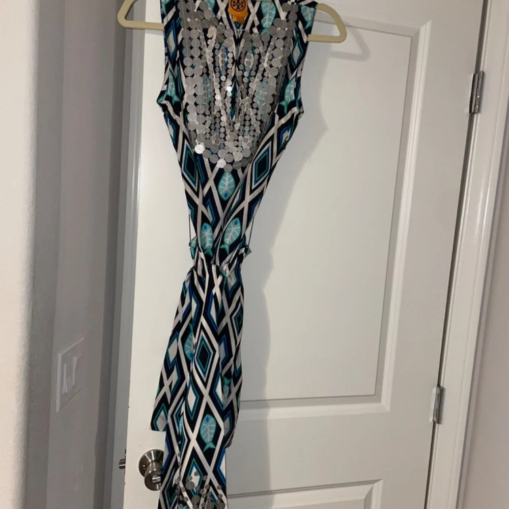 VINTAGE TORY BURCH 100% Silk Fish Print Blue/Turquoise  Kaftan Dress Size4