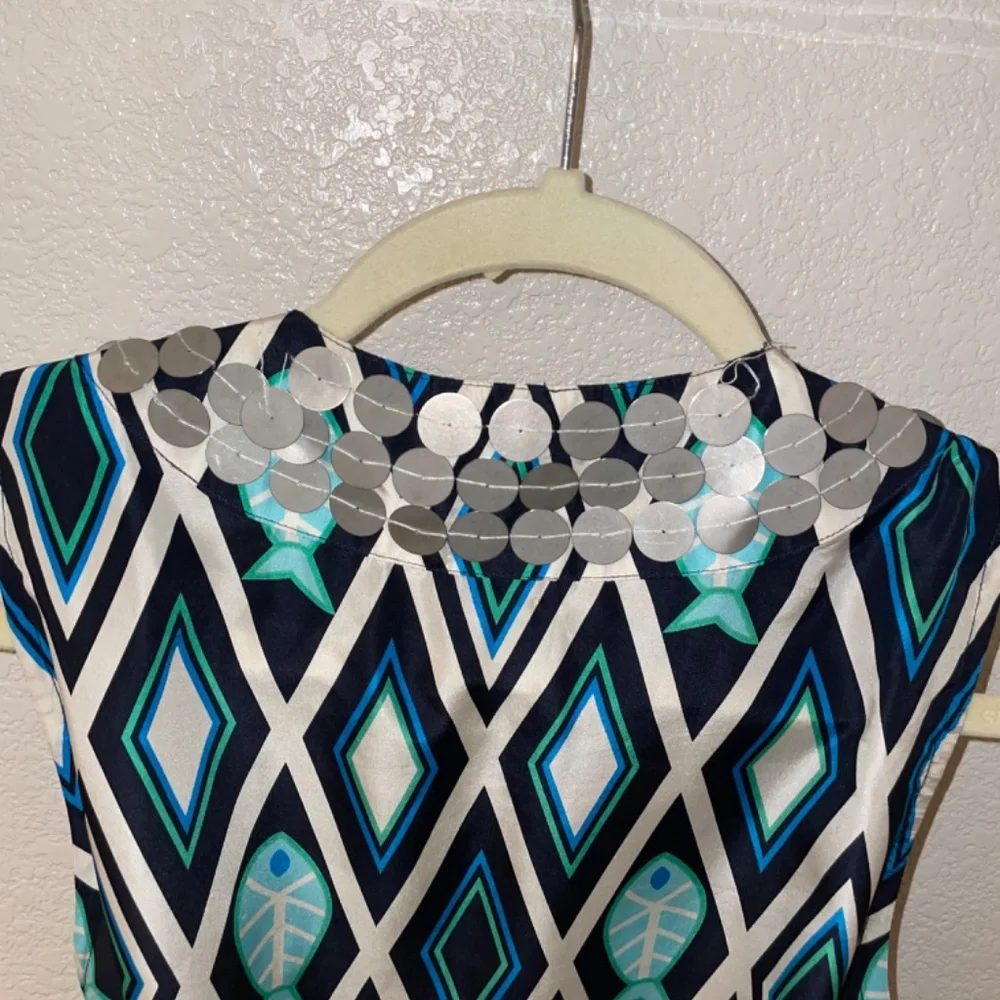 VINTAGE TORY BURCH 100% Silk Fish Print Blue/Turquoise  Kaftan Dress Size4