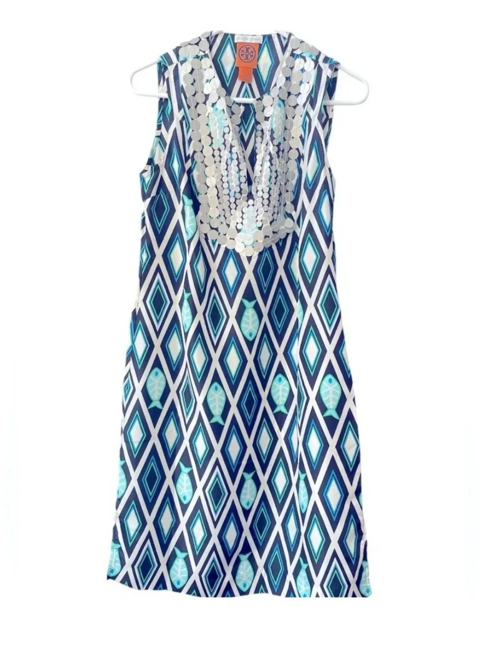VINTAGE TORY BURCH 100% Silk Fish Print Blue/Turquoise  Kaftan Dress Size4