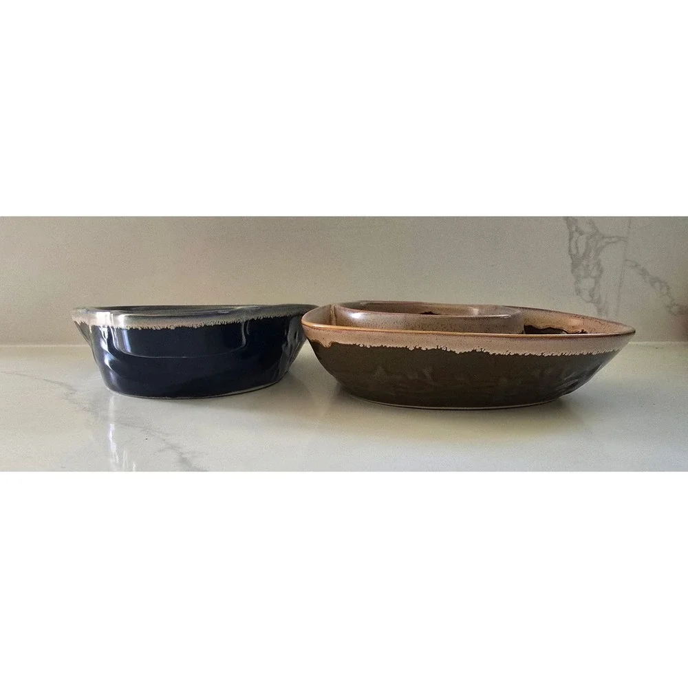 LTD Commodities Stoneware Chip and Dip Bowls Set of 2 Black‎ Olive Green Rustic