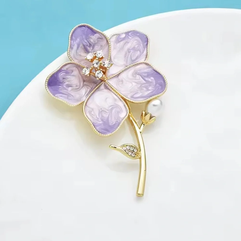 Lavender Crystal Flower Brooch – Purple Enamel Floral Rhinestone Pin
