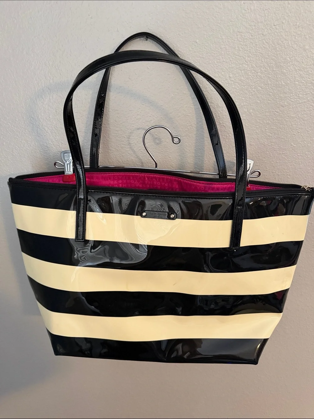 kate spade Black and Cream Striped Patent Tote with Pink Interior