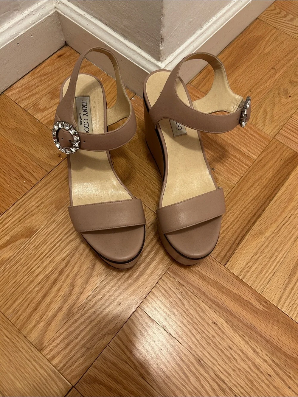 Jimmy Choo Nude Taupe Leather Wedge Sandals with Crystal Buckles