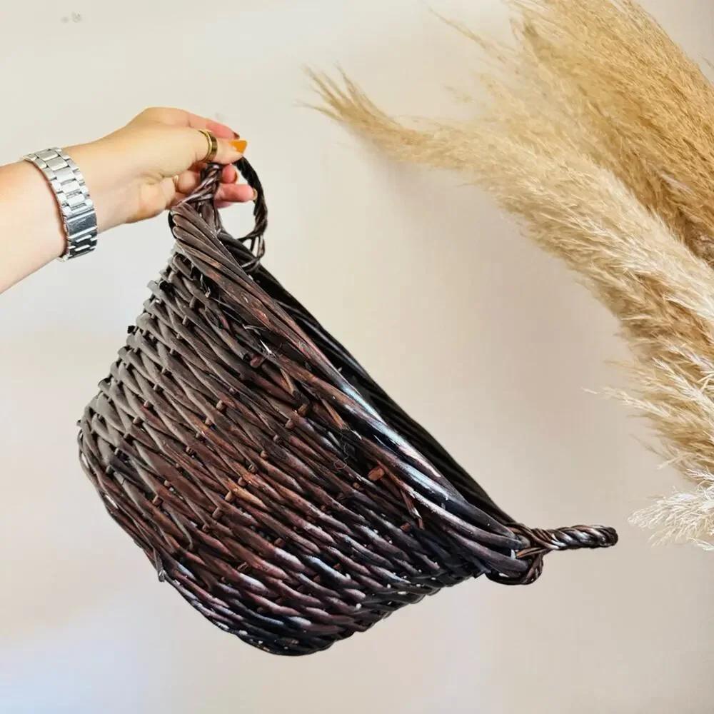 VINTAGE Brown Wood Wicker Woven Low Basket Accent Decor Vase Handles Y2K 90s