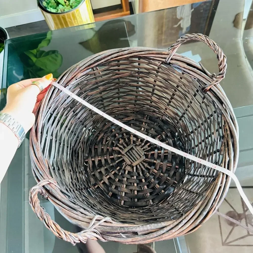 VINTAGE Brown Wood Wicker Woven Low Basket Accent Decor Vase Handles Y2K 90s