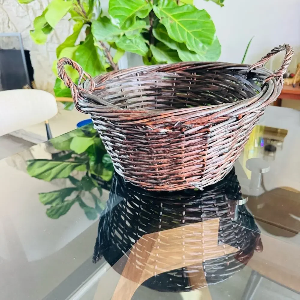 VINTAGE Brown Wood Wicker Woven Low Basket Accent Decor Vase Handles Y2K 90s