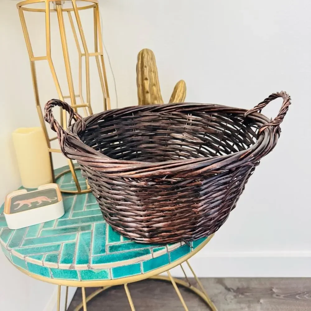 VINTAGE Brown Wood Wicker Woven Low Basket Accent Decor Vase Handles Y2K 90s