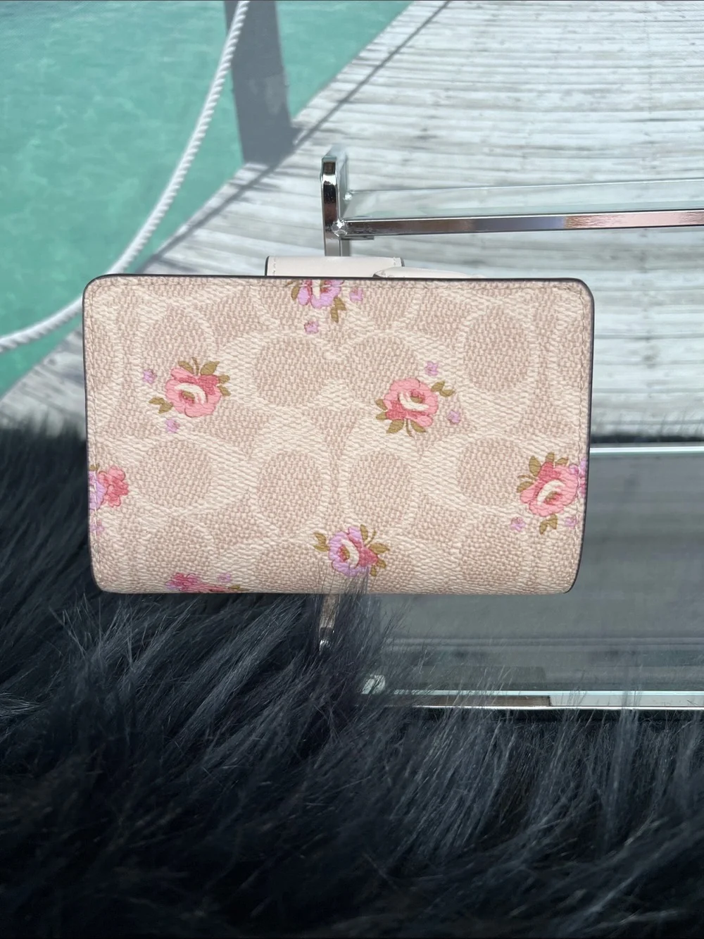 Coach Beige Pink Floral Small Wallet with White Snap