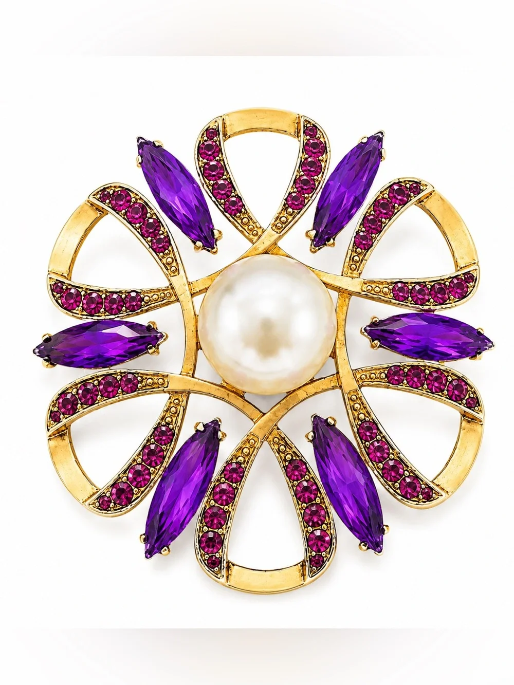Gold Tone Faux Pearl & Purple‎ Rhinestone Statement Brooch NEW. VTG Style