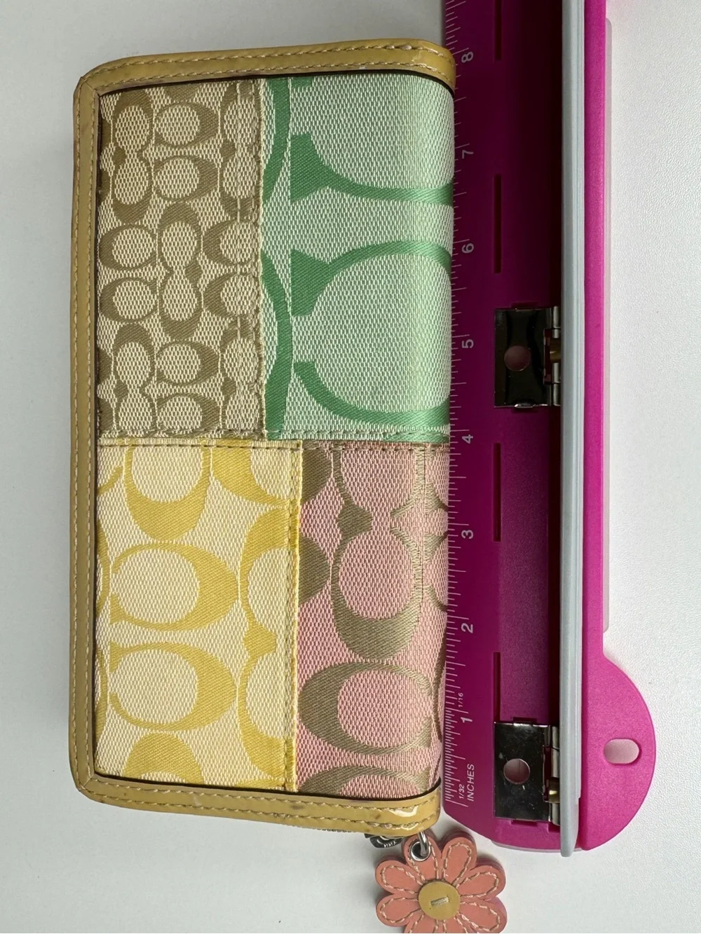 Coach Patchwork Signature Zip Wallet in Pink, Green, Yellow and Tan