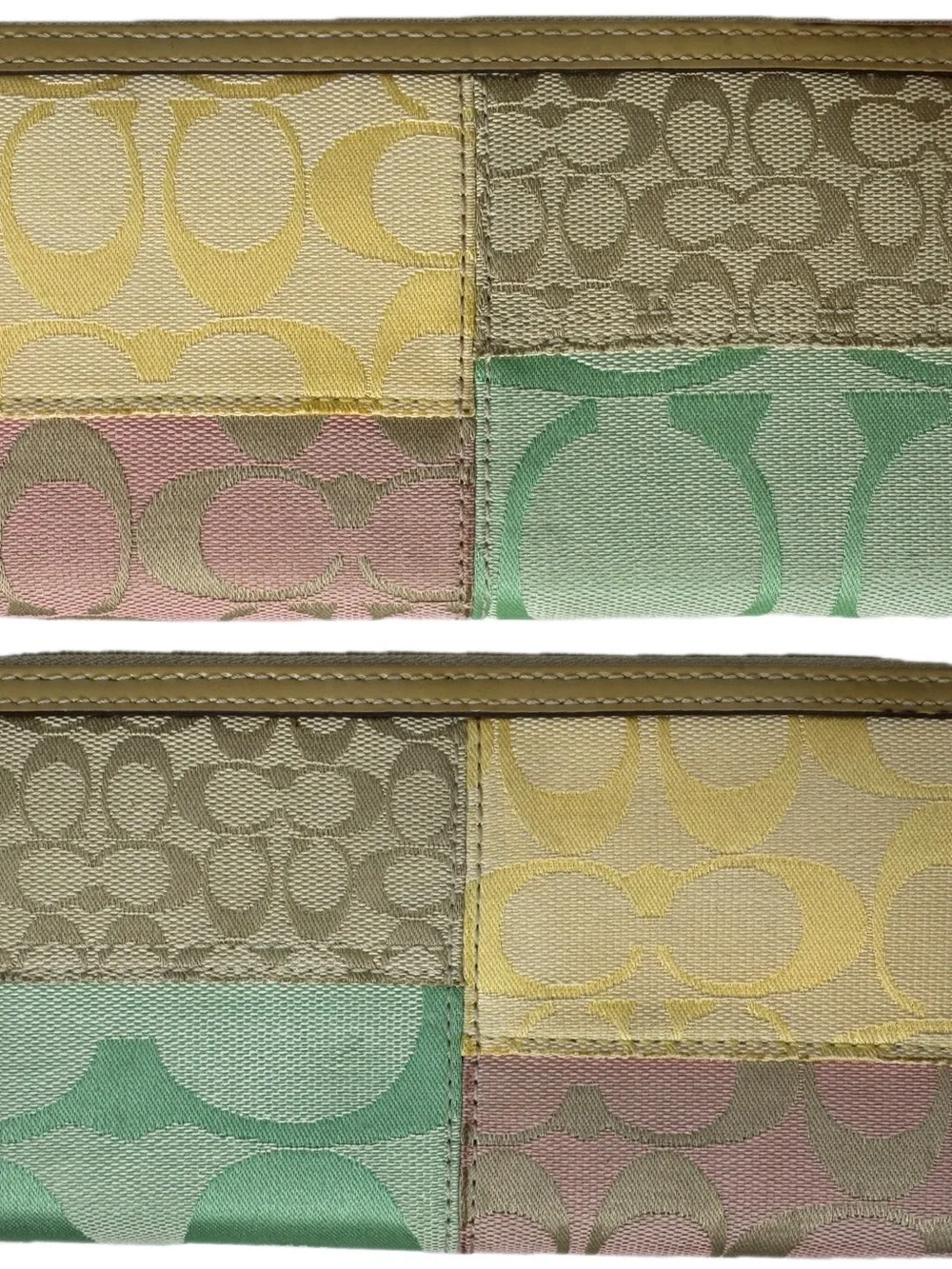 Coach Patchwork Signature Zip Wallet in Pink, Green, Yellow and Tan