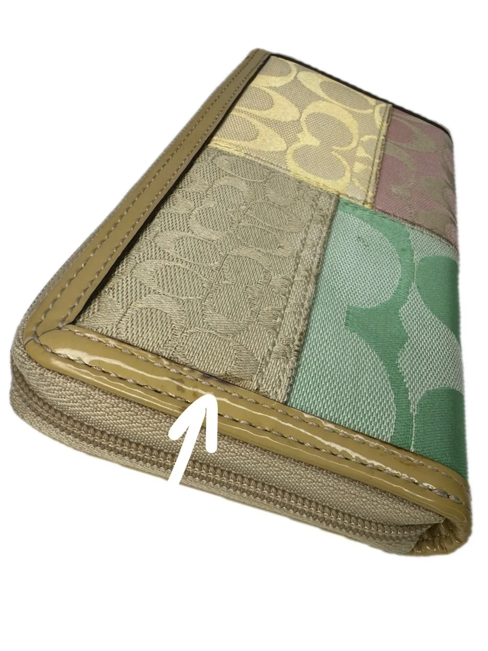 Coach Patchwork Signature Zip Wallet in Pink, Green, Yellow and Tan