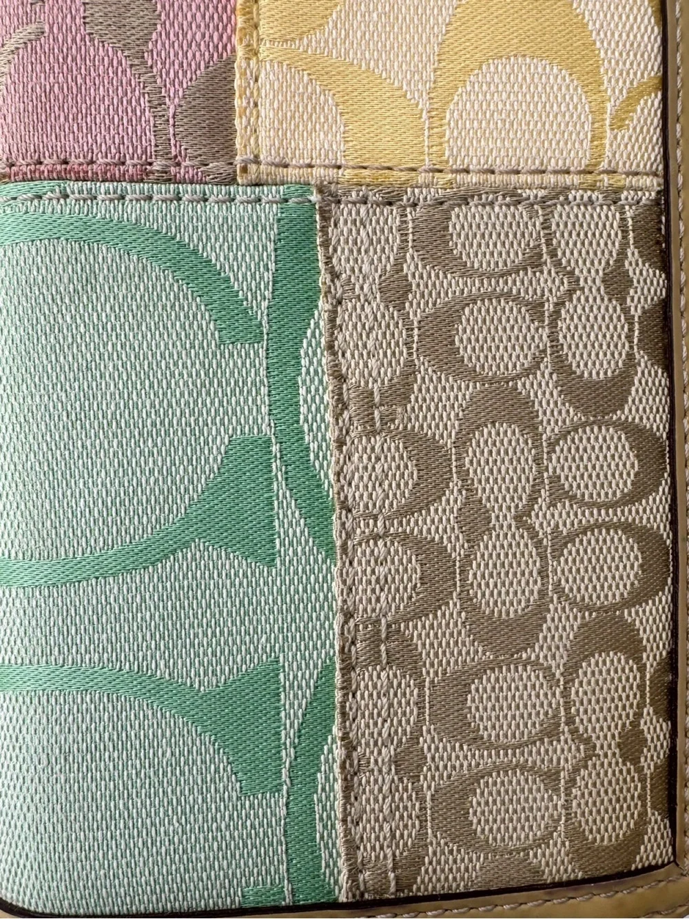 Coach Patchwork Signature Zip Wallet in Pink, Green, Yellow and Tan