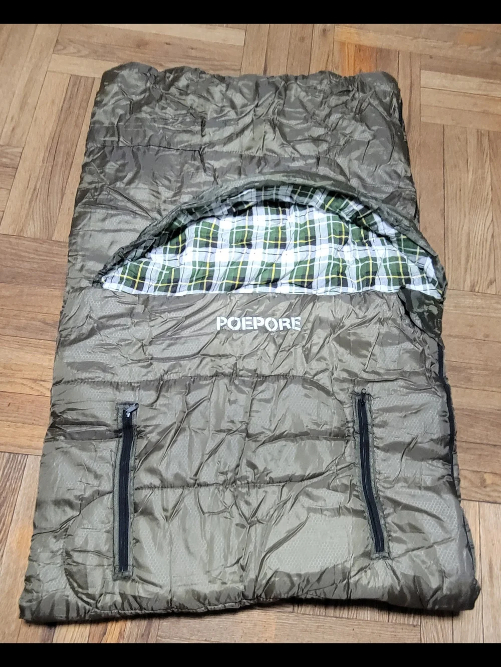 Poedpore Olive Green Plaid Lined Sleeping Bag Blanket