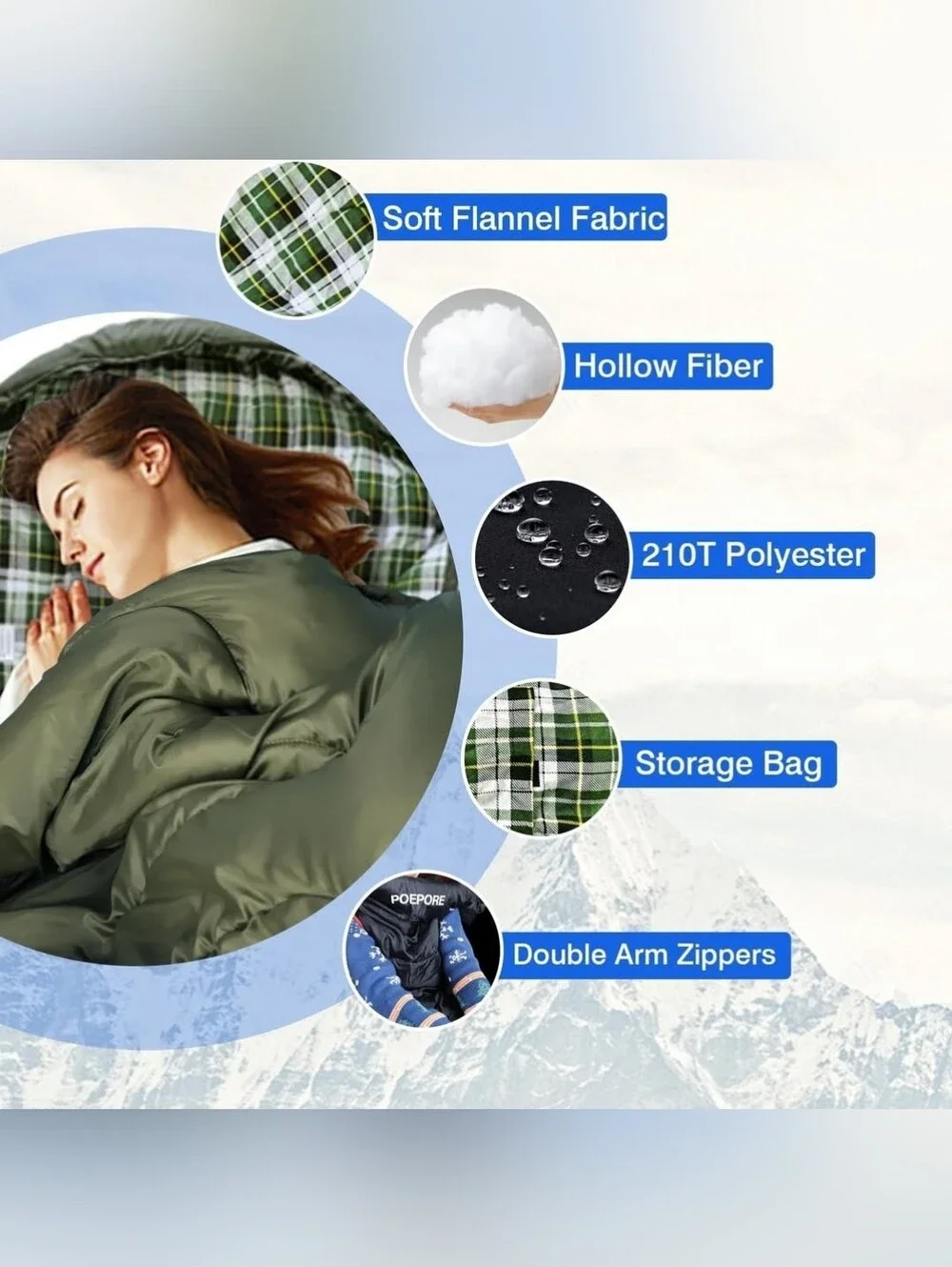 Poedpore Olive Green Plaid Lined Sleeping Bag Blanket