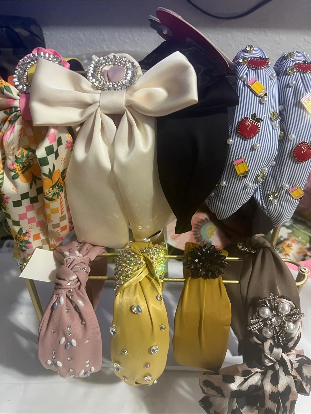 Embellished Satin Bow Headband in Ivory
