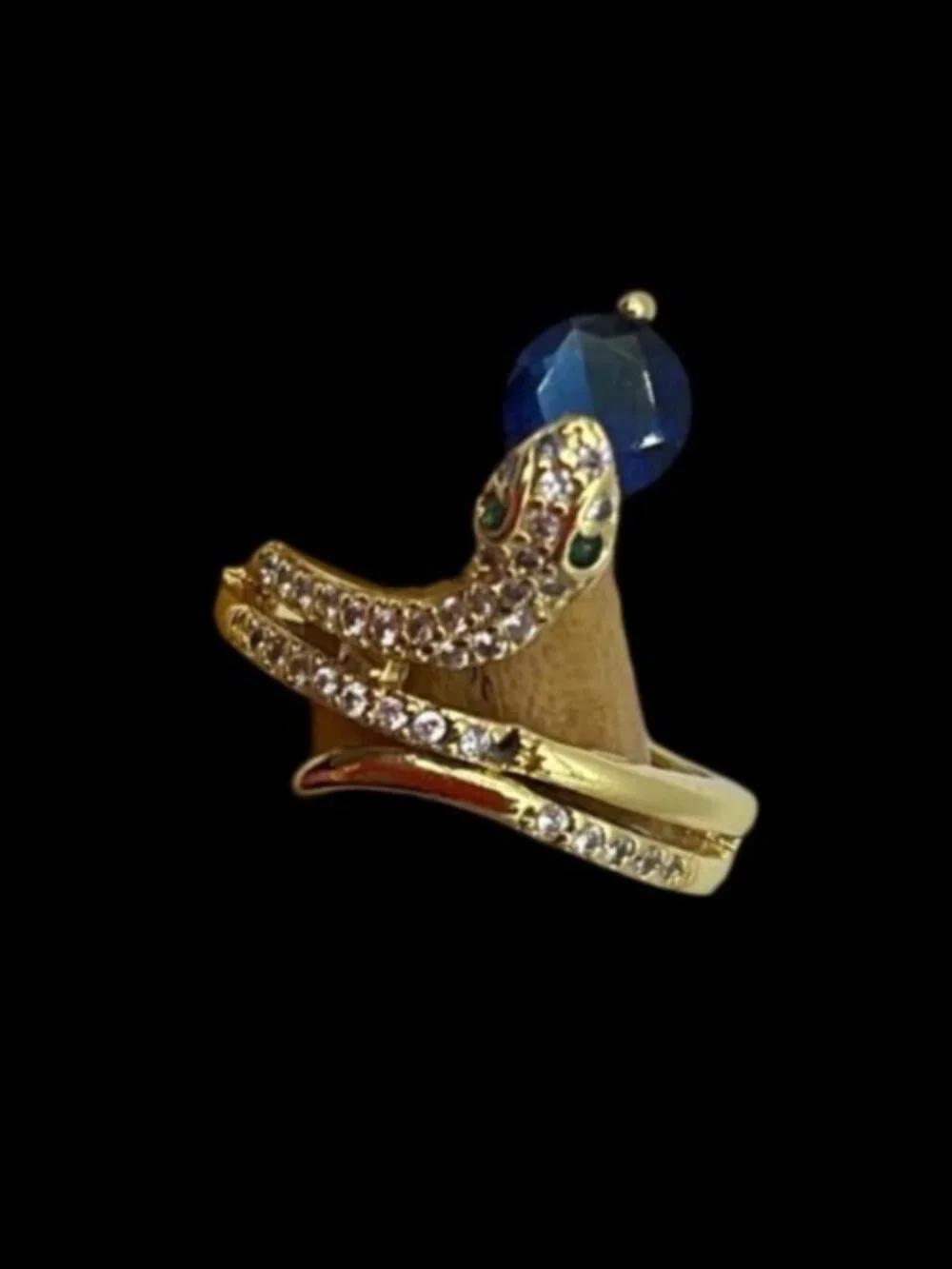 New Artisan Gold Filled Snake Adjustable Ring Blue Rhinestone in Mouth Whimsical