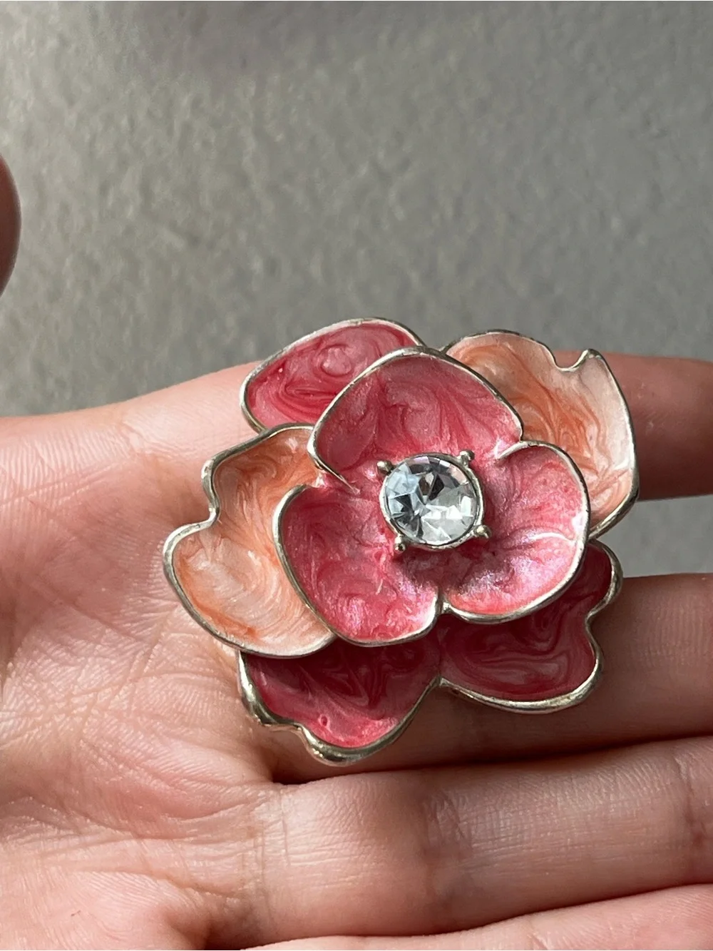 Pink & Peach Enamel Flower Ring with Crystal Center
