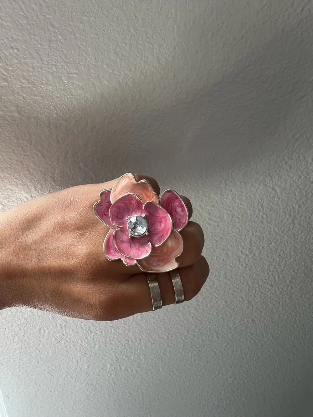 Pink & Peach Enamel Flower Ring with Crystal Center