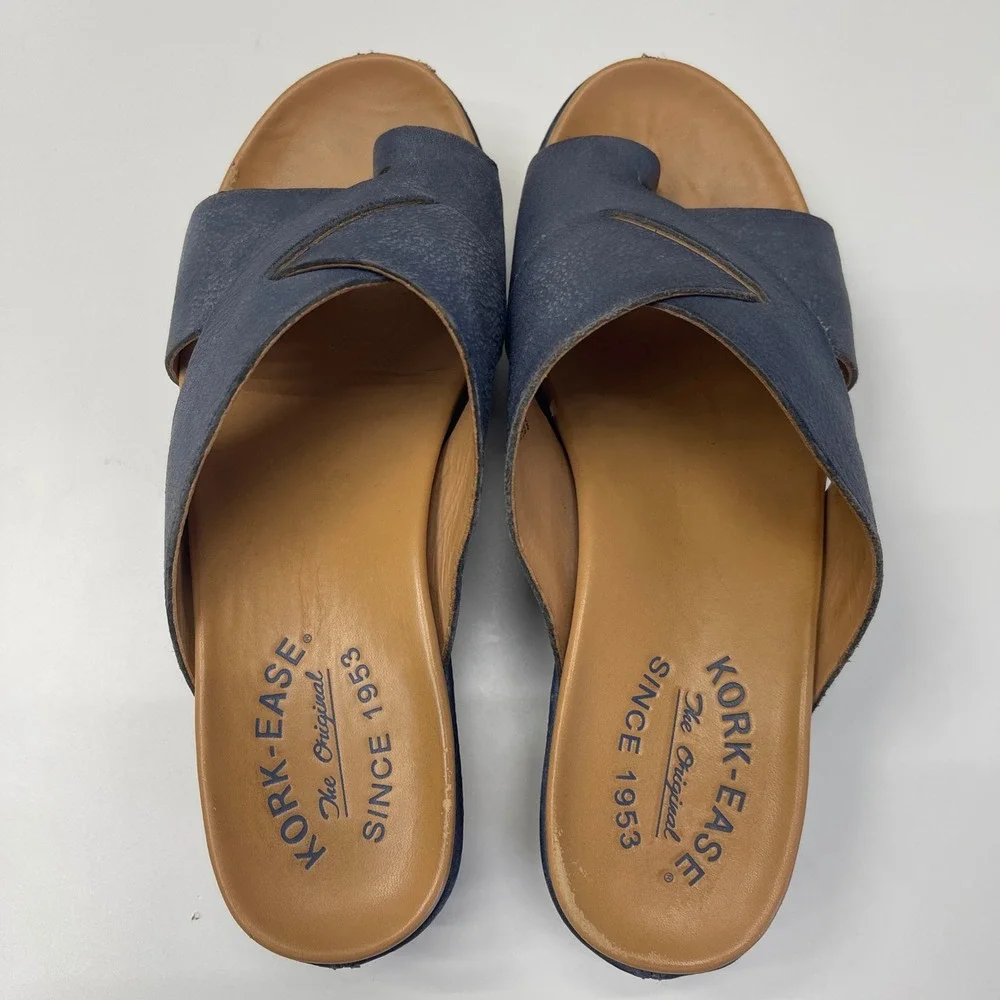 Kork Ease Sandals Womens 6 Baja Sport Blue Leather Platform Wedge Slide Toe Loop