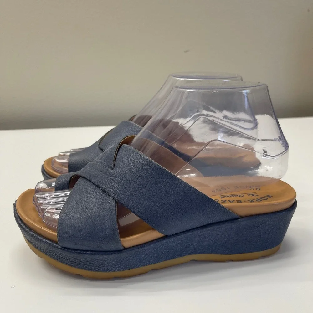 Kork Ease Sandals Womens 6 Baja Sport Blue Leather Platform Wedge Slide Toe Loop