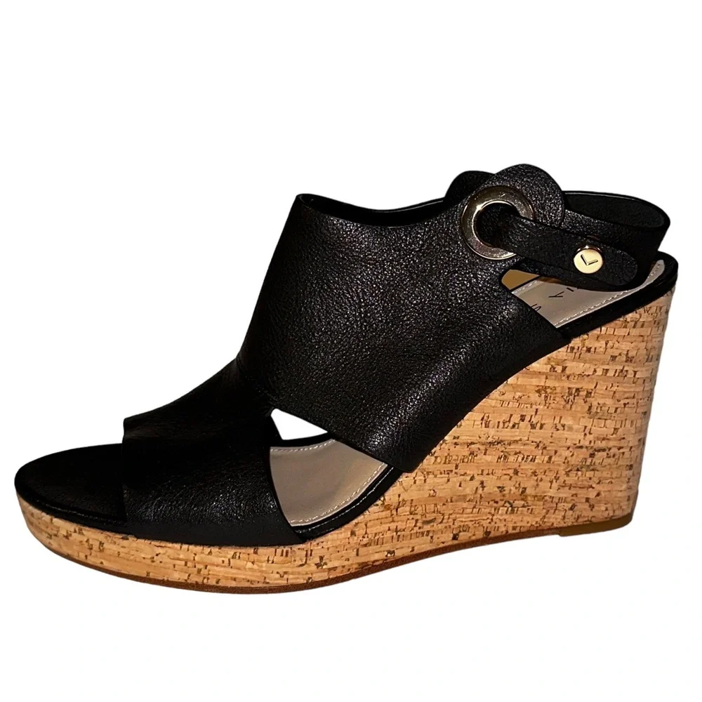Via Spiga Black Leather Open Toe Cork Wedges Sz 10 NWOB