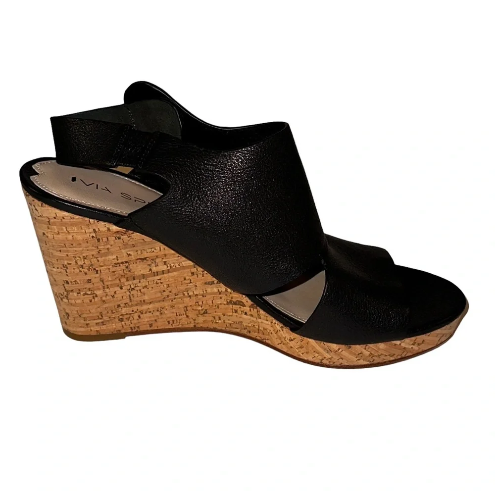Via Spiga Black Leather Open Toe Cork Wedges Sz 10 NWOB