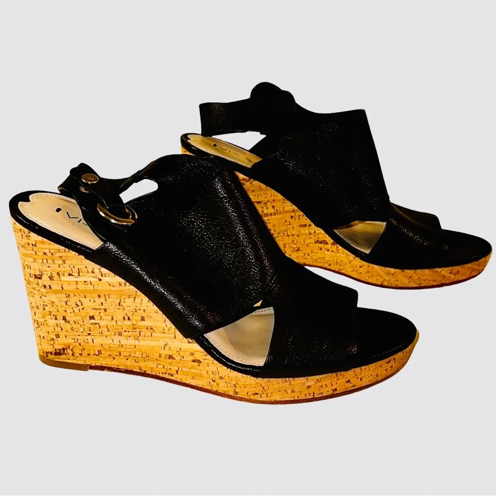 Via Spiga Black Leather Open Toe Cork Wedges Sz 10 NWOB