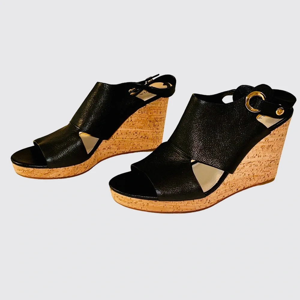 Via Spiga Black Leather Open Toe Cork Wedges Sz 10 NWOB