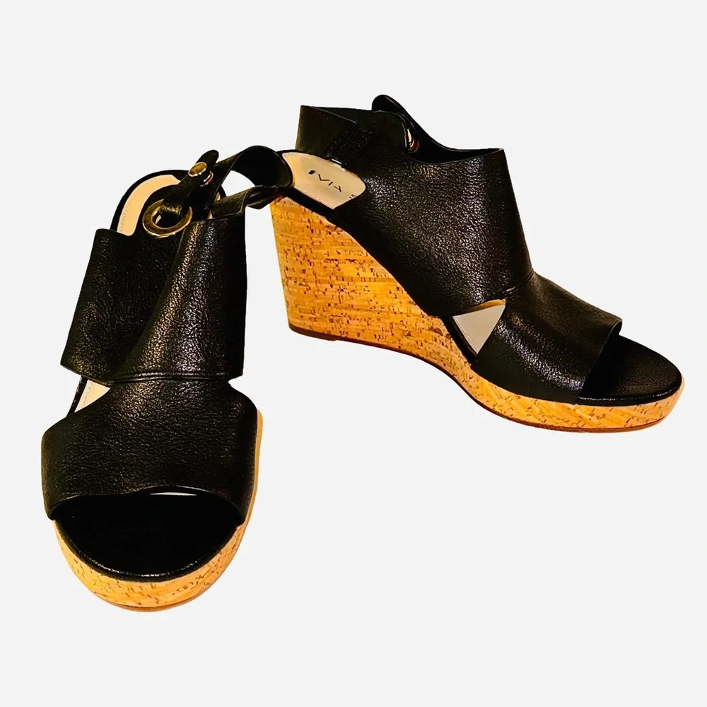 Via Spiga Black Leather Open Toe Cork Wedges Sz 10 NWOB