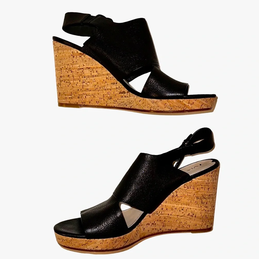 Via Spiga Black Leather Open Toe Cork Wedges Sz 10 NWOB