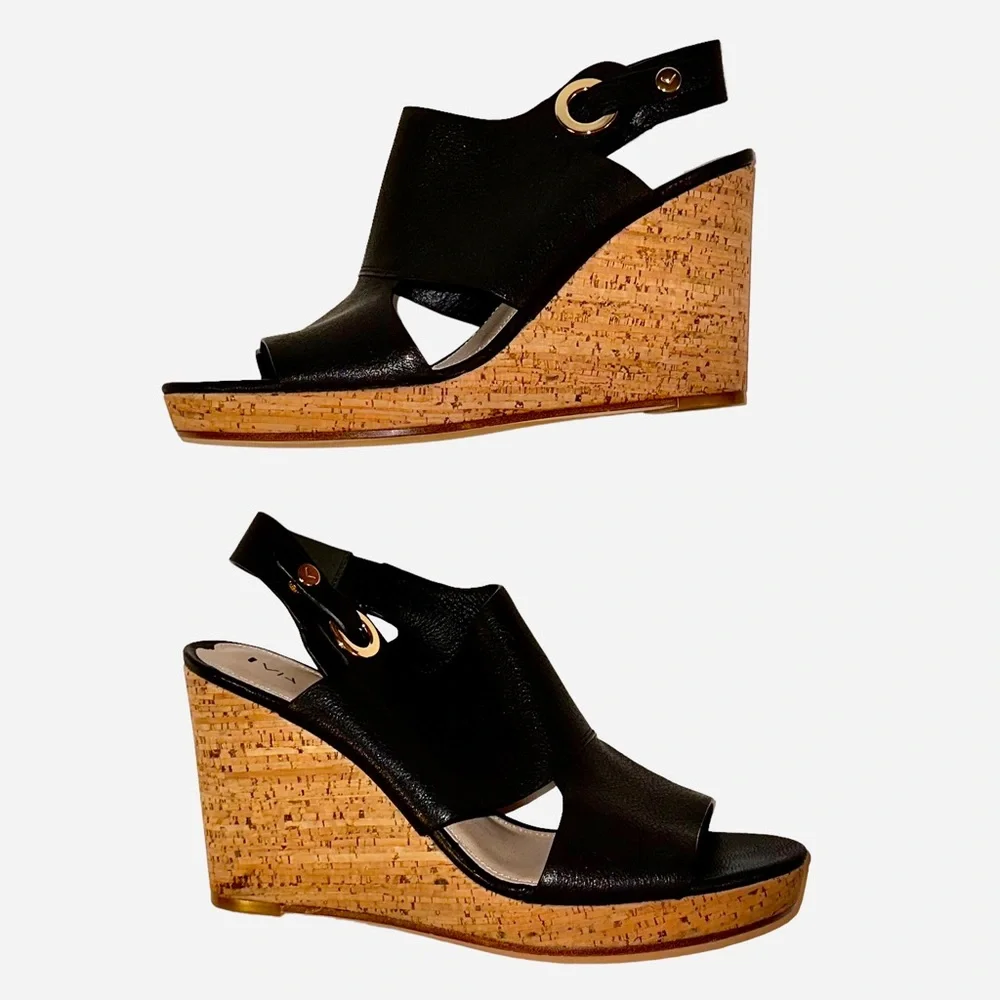 Via Spiga Black Leather Open Toe Cork Wedges Sz 10 NWOB
