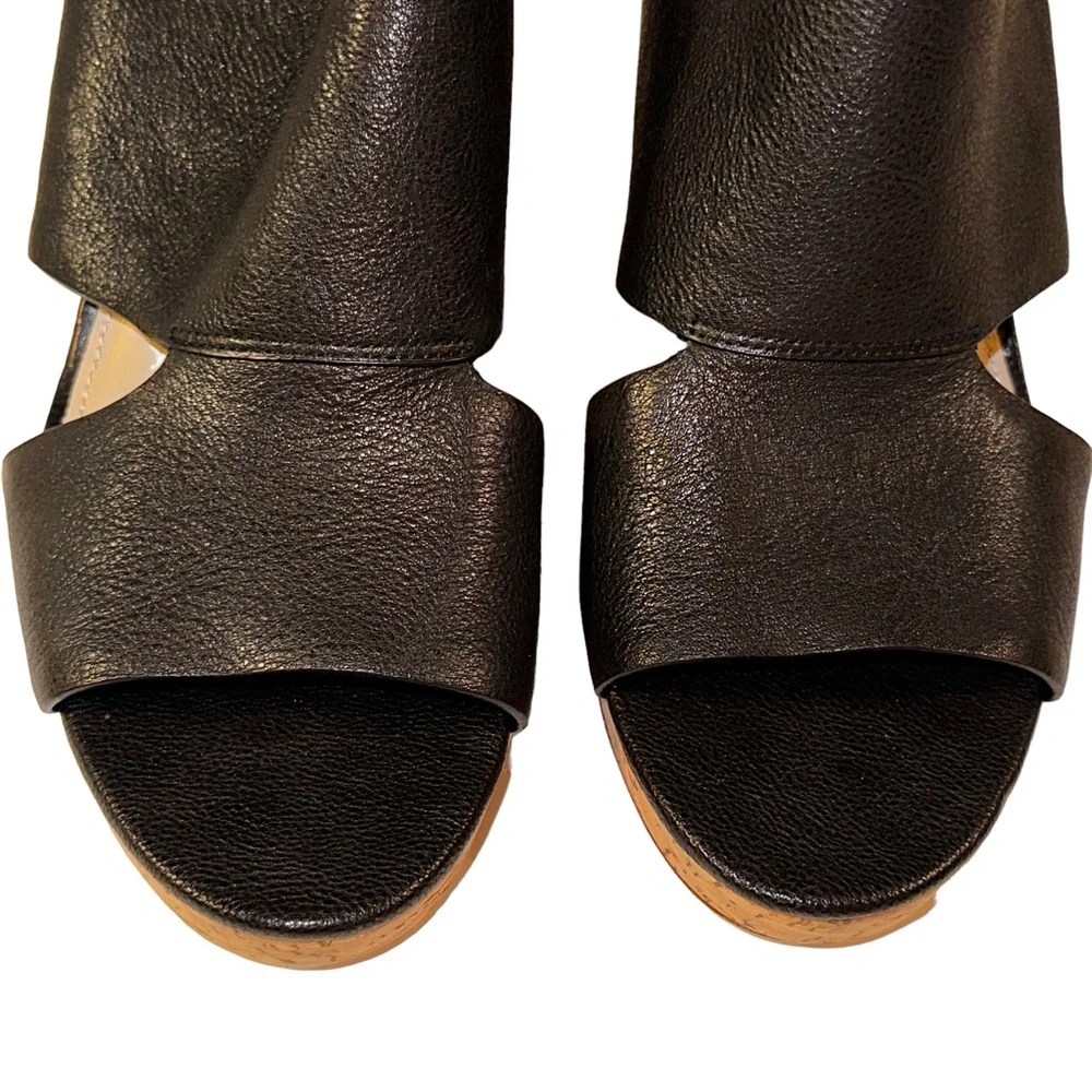 Via Spiga Black Leather Open Toe Cork Wedges Sz 10 NWOB
