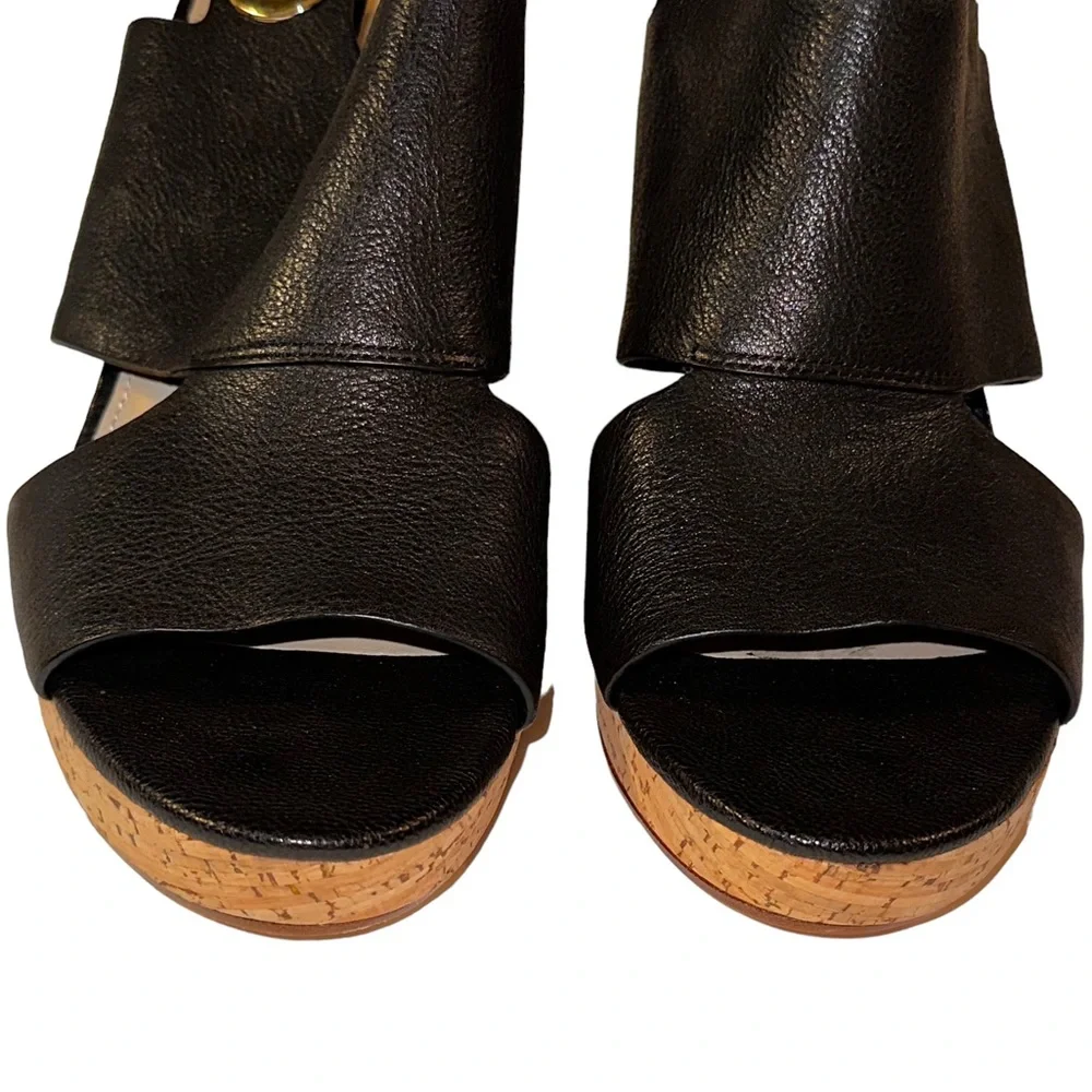 Via Spiga Black Leather Open Toe Cork Wedges Sz 10 NWOB