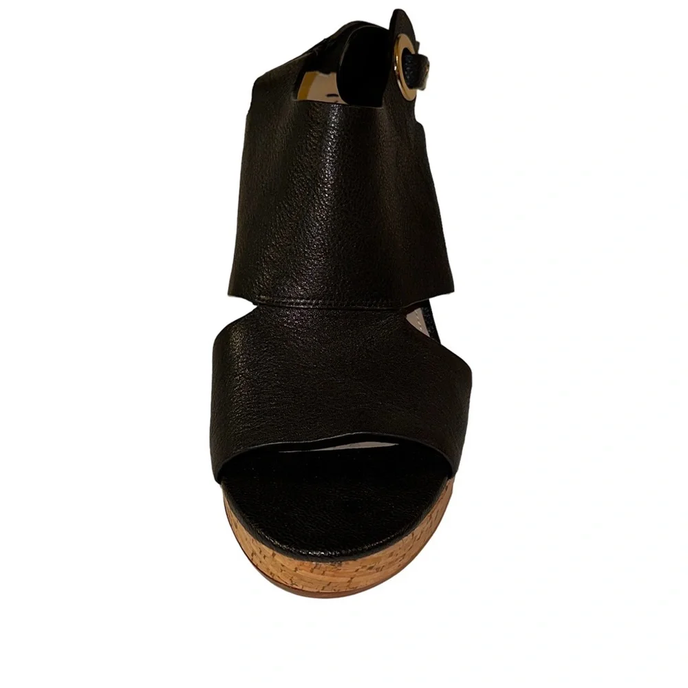 Via Spiga Black Leather Open Toe Cork Wedges Sz 10 NWOB